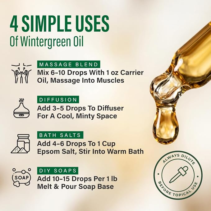 Kukka 100% Pure Wintergreen Essential Oil for Skin, Diffuser, 3.4 Fl Oz | Undiluted Wintergreen Oil for Cooling Massage Blends, Post-Workout Aromatherapy, Diffuser & DIY Soap Making