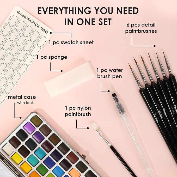 Grabie 50 Color Watercolor Paint Set with Detail Paint Brushes | High Pigment Paints, Blendable Colors, Portable Travel Case, Painting, Sketching, Illustration, Beginner And Hobby Artists