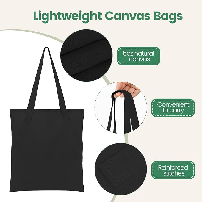 Carbrea 12 Pack Thin Canvas Tote Bags Bulk, Reusable Grocery Bags - Black | Lightweight, 5oz Natural Canvas, Reinforced Stitches, Blank Design, Ideal for Shopping DIY Sublimation Activity Gift