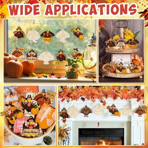 80PCS Wooden Thanksgiving Decoration Turkey Ornaments to Paint Thanksgiving Ornaments for Tree Crafts Cutouts Unfinished, DIY Blank Fall Unfinished Turkey Pumpkin Ornament for Home Harvest Hanging