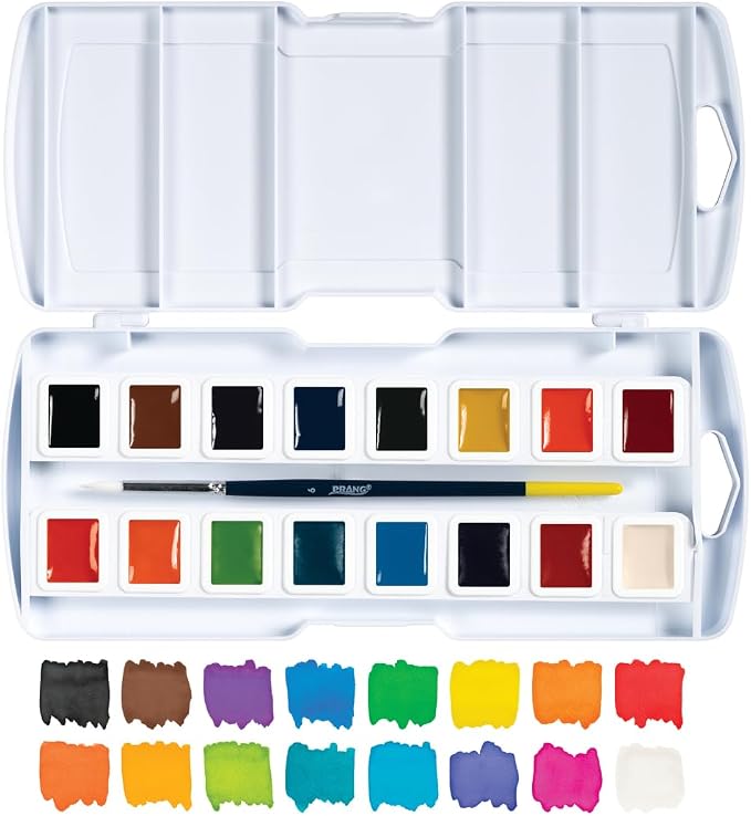 Prang Half Pan Watercolor Set, 16 Assorted Colors and 1 Brush | Perfect for painting, art lessons, crafts and creative projects