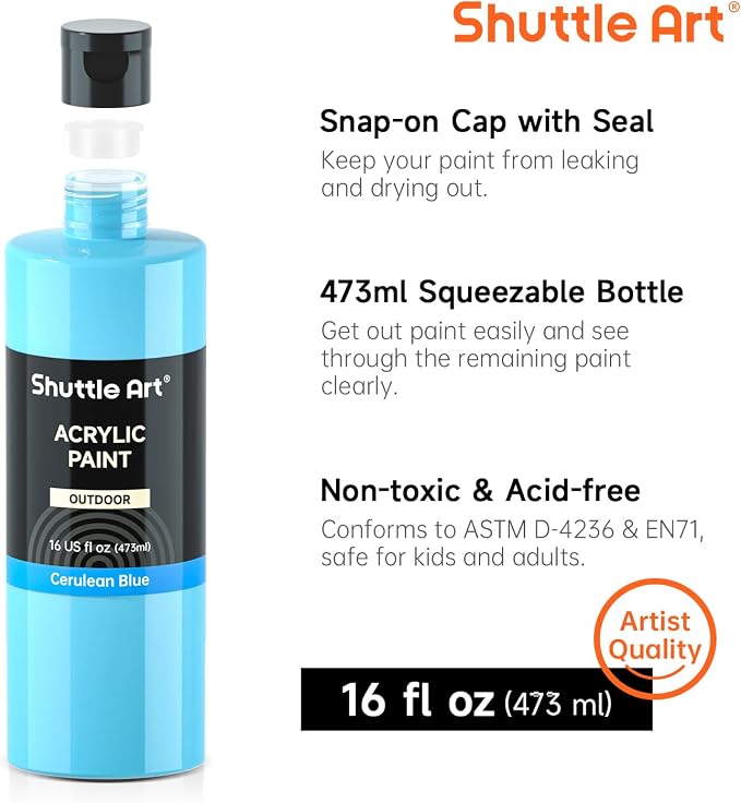 Shuttle Art Outdoor Acrylic Paint Set, 12 Colors Outdoor Paint,16oz Large Bottles, Rich Pigmented Bulk Painting Supplies for Artists, Beginners on Rocks, Wood, Wall, Crafts, Garden Statues