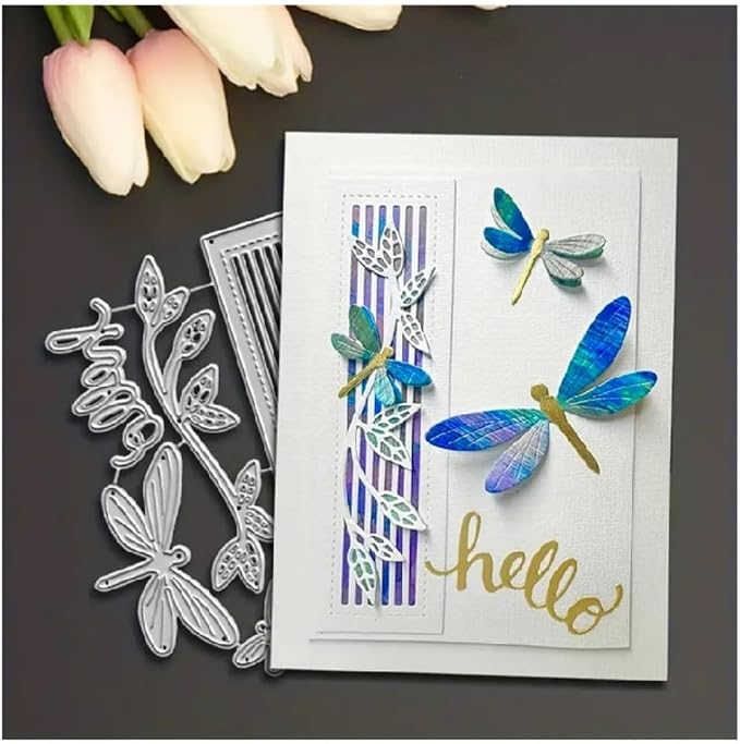 Scrapbooking Die-Cuts, Happy Birthday Ballon Metal Cutting Dies for Card Making, Paper Craft Punch Template, Background Embossing Stencils, DIY Album Décor(Striped Dragonfly Vines-12.8x9.1cm)