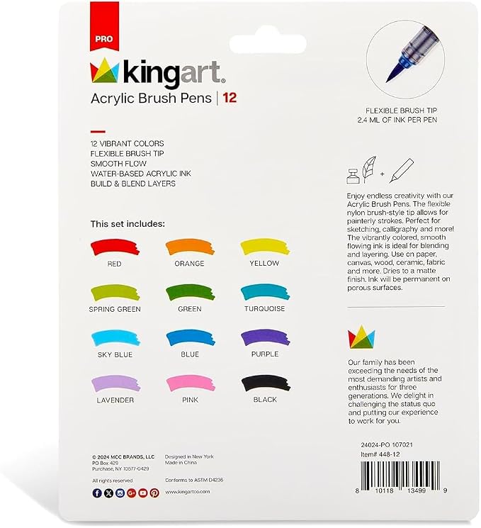 KINGART Acrylic Paint Markers Brush Tip, 12 Vibrant Colors. Water-based, no-bleed, waterproof pens with automatic ink control for rock, egg, wood, fabric, glass & DIY crafts