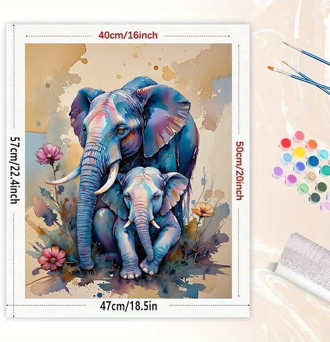 Elephant Family Paint by Numbers Kit for Adults - DIY Mother and Baby Elephant Painting on Canvas 16x20In, Acrylic Paint Set, Suitable for Beginners, Art for Home Decoration or Gifts