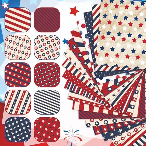 HunnmingRe 20 Pcs 10x10'' Patriotic Quilting Fabric Square Red White Blue Precut Fabric Bundle 4th of July USA Flag Star Patchwork Material for Memorial Day Sewing DIY Craft 250 Anniversary Supplies