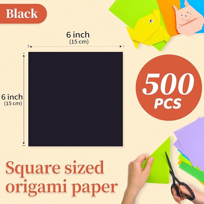 IOOLEEM Black Origami Paper, 500 Sheets, 6 Inch Square, Double Sided Colored Paper for DIY Crafts