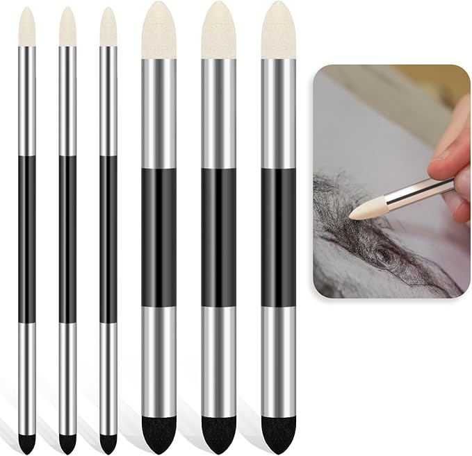 6pcs Artist Blending Sponge Pen Dual Tip Drawing Art Oil Soft Pastel Blending Tools Reusable Washable Sketch Rubbing Sponge Brush for Artist Professional Sketch Drawing Blending Lightening & Highlight