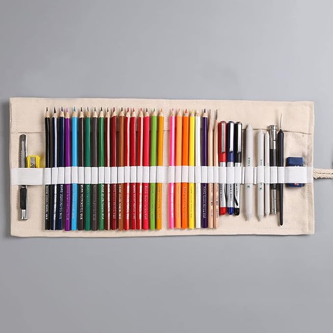 DIYOMR 24/36/72 Slots Pencil Wrap Pencil Rolls, Artist Colored Pencils Roll Up Bag Short Brushes Pouch Case Pencils Organizer for Drawing Coloring and Sketching,No Pencils (White, 24slots)