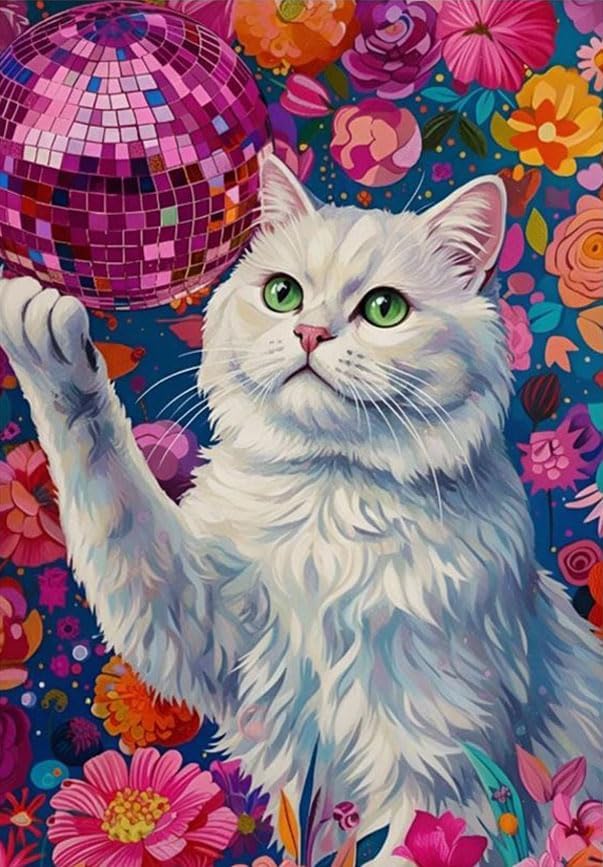 Dorwendis Diamond Art Kits for Adults, Cat Diamond Art Disco Ball 5D Diamond Painting Kits for Adults, DIY Round Full Drill Gem Art for Home Wall Decor&Gift 12x16 Inch(Cat)