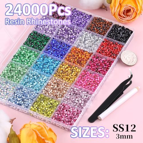 24000Pcs Resin Rhinestones for Bedazzling with Tweezers, Multicolor 3mm Rhinestones for Crafting with 3Pcs 10ml B7000 Jewelry Glue for DIY Crafts Clothing Tumblers Shoes Fabric Nail Art
