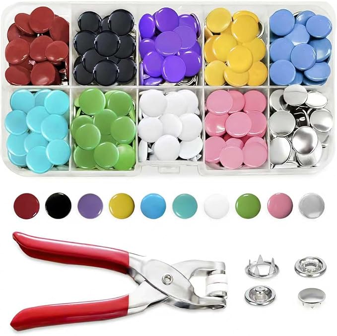 300 Sets Metal Snap Buttons with Fastener Pliers Press Tool Kit, 10 Colors Solid Sewing Snaps for Fabric,Prong Snap Button Kits for DIY Crafting Clothing Sewing (9.5mm / 1200 PCS)