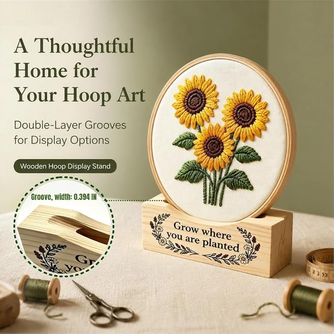 3Pack Embroidery Hoop Display Stand - 2-Tier Groove Wooden Base Fits 4-10 Inch Embroidery Hoops,Rectangle Embroidery Hoop Stand Base for Desktop Showcasing Finished Works & Organizing Projects Decor