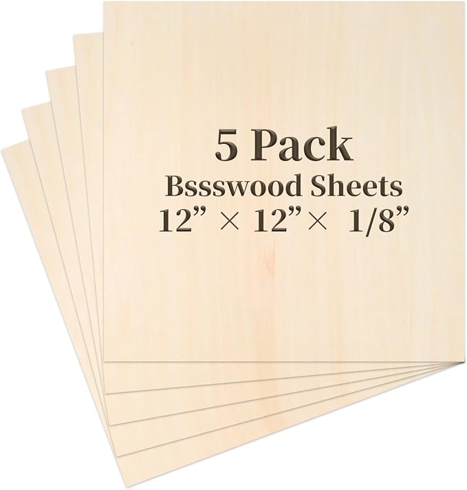 Balsa Wood, Plywood Sheet, Unfinished Basswood Blanks, 12×12×1/8 in, 5 Pcs | for Laser Cutting, Engraving, Burning, Crafts, Paint; Smooth and Polished, No Burrs, Wood Craft Supplies