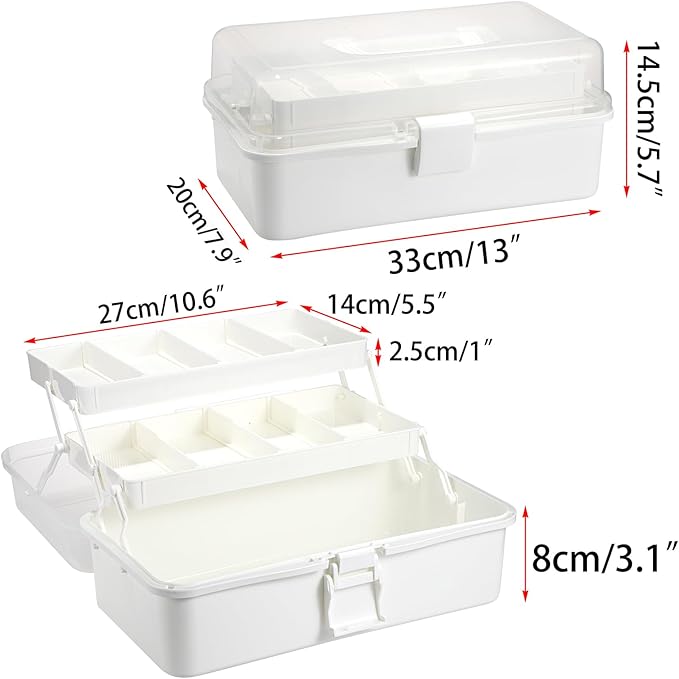 BTSKY 3-Layer Plastic Dividing Storage Box Craft Organizer and Storage | Portable Handled Art Supply Organizer with Adjustable Spacers Multipurpose Home Utility Box for Medicine Sewing(Beige White)