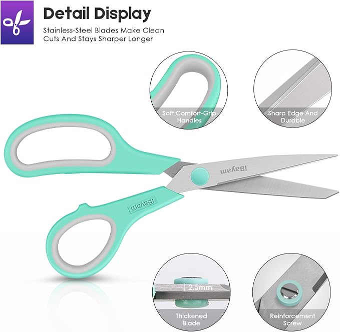 iBayam 8" Heavy Duty Scissors All Purpose for Office School Crafts Sewing | 3-Pack, 2.5mm Ultra Sharp Blades, 100,000+ Cuts, Comfort Grip Handles, Left & Right Handed – Teacher Desk & Classroom Must