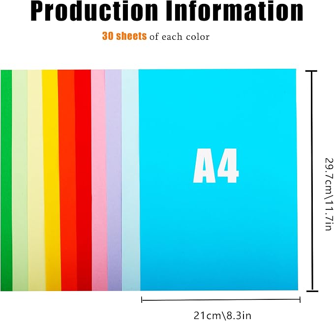 300 Sheets Colored Paper A4 Origami Printer Copy Multipurpose Printing Paper for DIY Craft Scrapbook Office 8.3" X 11.7", 10 Assorted Colors（70 gsm）