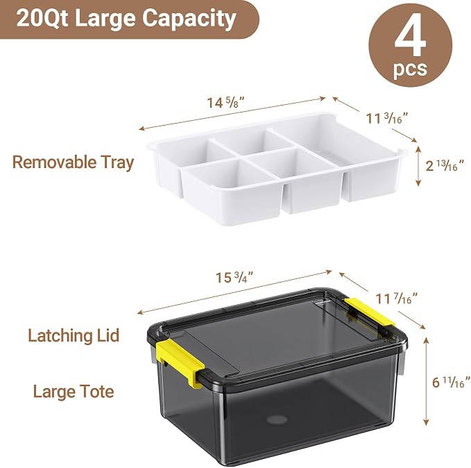 80Qt Stackable Storage Bins with Lids Trays Craft Box Organizers, 4Pack,GY