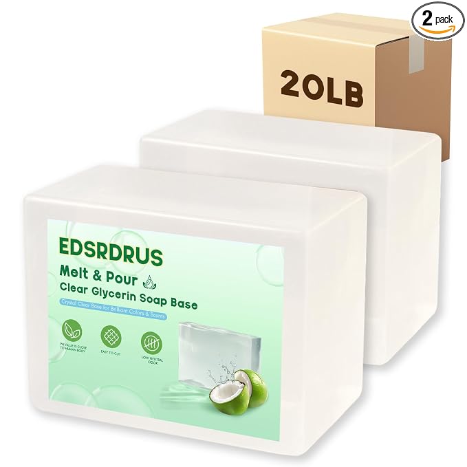 EDSRDRUS 20lb Unscented Melt and Pour Soap Base, Fragrance-Free Bulk Glycerin Soap Making Supplies for Professionals – Upgraded Smooth Formula, Silky Melt & Fine Foam (Transparent, 20 Pound)