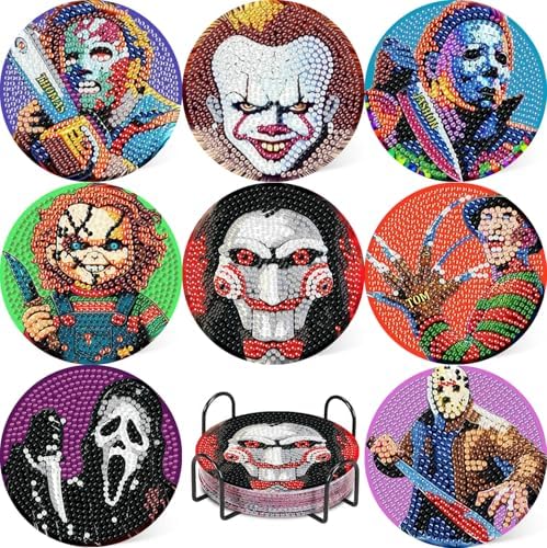 8 Pcs Horror Diamond Art Coasters Kits, Diamond Painting Coasters Kits ﻿ ﻿