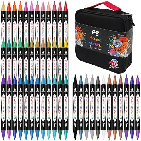 TBC The Best Crafts Acrylic Paint Markers,48 Colors Dual Tip, Double Zipper Canvas Bag – Waterproof, Non-Toxic, Art Supplies for Canvas, Wood, Glass, Rock, Ceramic – Gift for Artists & Hobbyists