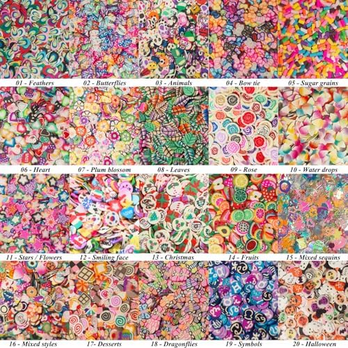 20000 pcs (20 Styles) Clay Slices Charms, VEINARDYL Nail Art Slices Fruit Heart Flower 3D Polymer Clay for DIY Crafts Resin Slime Making Cellphone Decoration