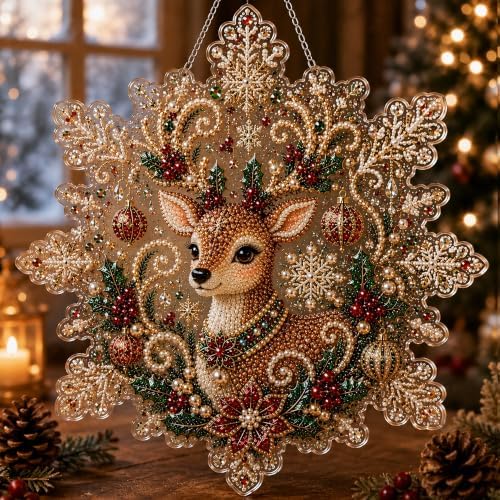 LJSCQF Christmas Pearl Diamond Painting Suncatcher Kit, DIY Craft | Pre-Assembled Metal Chain, Acrylic Snowflake Shape Board with Lace Edge, 3D Mixed-Sized Pearl Beads Craft (Style C, 8IN)