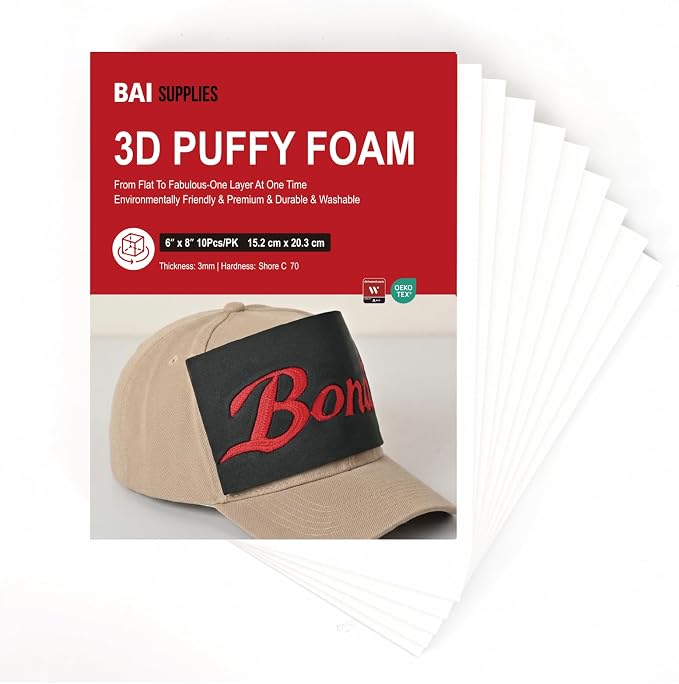 BAI Embroidery Foam, 3D Puff Foam, 6"x8" 10pcs White