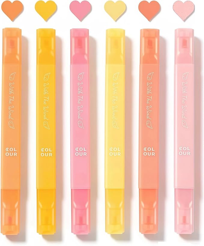 konket 6Pcs Aesthetic Cute Highlighters with Soft Chisel Tip, Double Ended Highlighter, Quick Dry Assorted Colors Highlighters Markers for School Supplies and Office Journaling