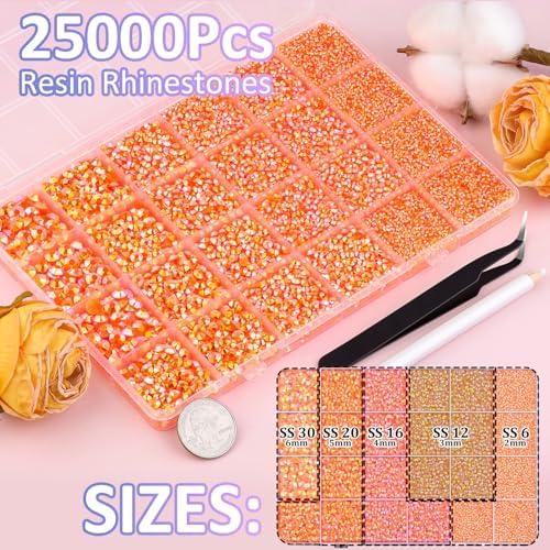 25000Pcs Resin Rhinestones with Tweezers for Crafting, Orange AB 2-6mm Mixed Sizes Non Hotfix Flatback Gems, Bedazzling Crystal for DIY Craft Clothing Mugs Tumblers Shoes Fabric Decor Nail Art