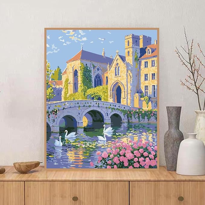 ZRIZQ Landscape Paint by Numbers Kit for Adults Beginner,Cityscape,16x20 | Full set with rich paints,wooden brushes,rolled canvas.Calming activity.Beginner friendly.Just open and paint.