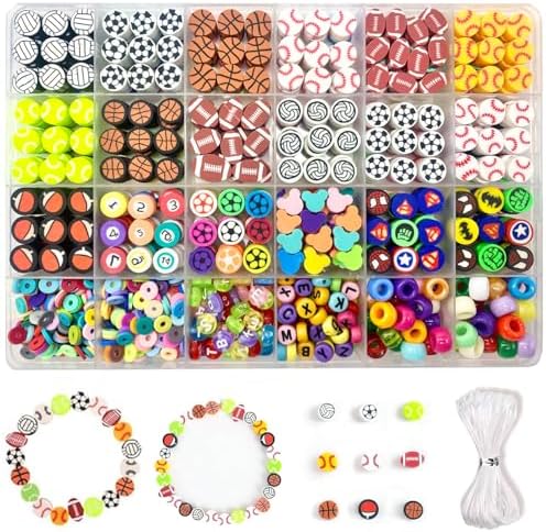 1000PCS Polymer Clay Beads for Bracelet Making, 24 Style Sports Charms incl. Baseball Basketball Soccer Football Rugby Volleyball, DIY Jewelry Making Supplies Kit