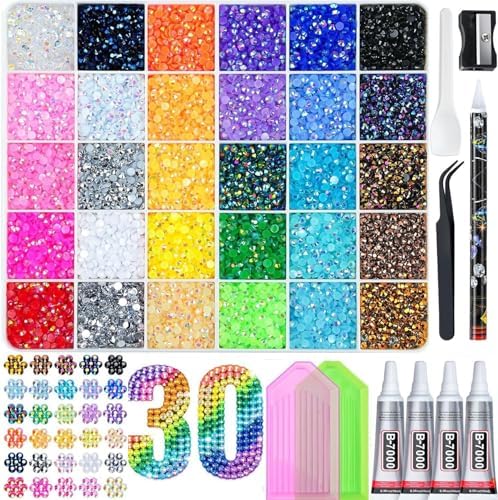 Bedazzling Kit, 30000Pcs 30 Colors Jelly Rhinestones Bedazzler Kit, 3mm Resin Flatback Gems with 4Pcs Glue & Tools for Bedazzling, Nail Art, Shoes, Clothing, DIY Craft, Decor, Diamond Art