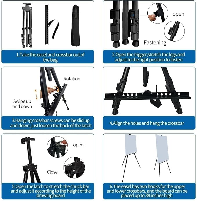 RRFTOK Art Easel Stand, 17-66 in Adjustable Metal Tripod with Bag | Dual-layer supports canvas or signs at two heights; adjusts up to 72 in with spring clip and reinforced chain for stability.