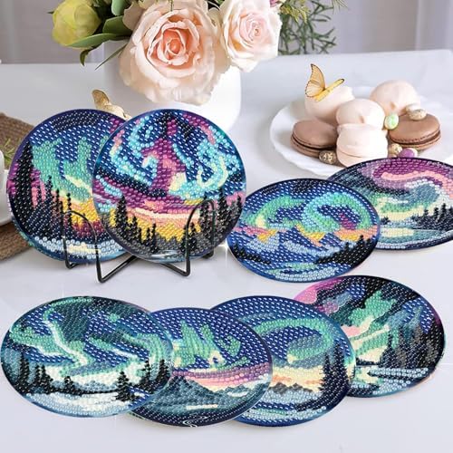 NEGEKFKX 8 Pcs Aurora Diamond Art Painting Coasters Kits,Landscape Coaster with Holder for Adults, Non-Slip DIY Dot Paint Craft Kits,5D Full Drill DIY Diamond Dot Gem Art Kit Home Decor Arts Craft