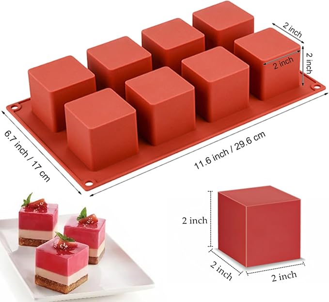 JOERSH Cube Cake Silicone Mold, 2" x 2" x 2", 8-Cavity