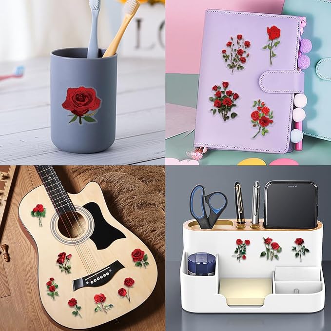 60 Pcs Red Rose PET Transparent Sticker | Self-Adhesive Scrapbooking Stickers Supplies Journal Stuffers for Card Making Letters DIY Water Bottles,Laptop,Guitar,Phone