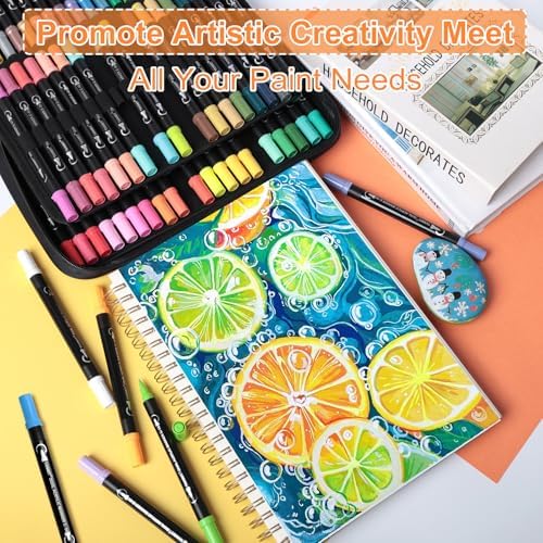 TANMIT 80 Colors Dual Tip Acrylic Paint Markers, Paint Pens Set with Brush Tip and Fine Tip For Fabric, Rock, Wood, Glass, Eggs, Scrapbook, DIY Crafts Making Art Supplies - Teacher Appreciation Gift