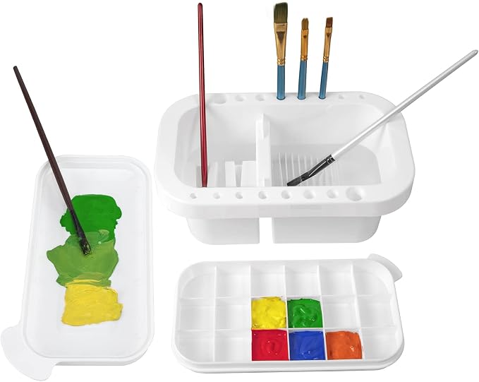MyLifeUNIT Paint Brush Cleaner, Paint Brush Holder with Palette, White | 18 mixing wells, 16 slots fitting 0.24-0.63 in diameters, 3 washing compartments, removable tray lid