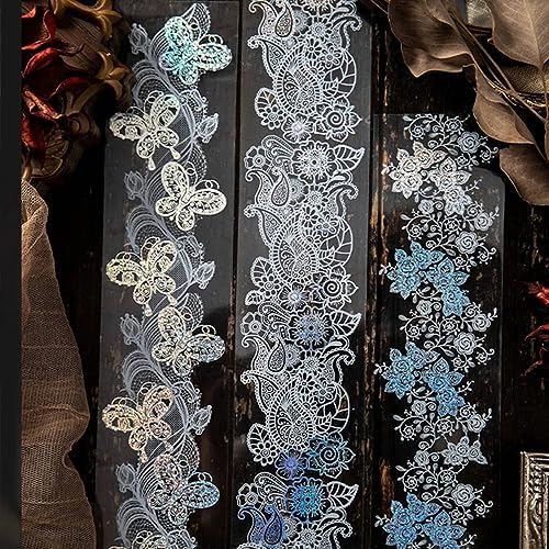 Primst 5 Rolls Washi Tape Lace Pattern Self-Adhesive Tape, White Black Floral Washi Silver Aesthetic Lace Tapes for Scrapbooking DIY Art Journaling Craft Gift Wrapping