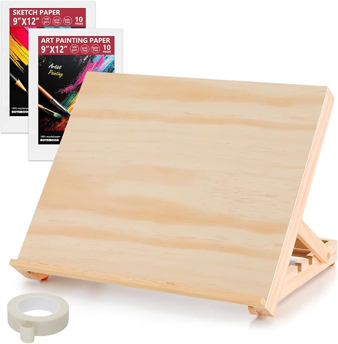 13.8"x11.4" Wooden Tabletop Easel with Paint & Sketch Papers, Masking Tape | Adjustable Art Easel Stand with 3 Angle Settings, Drawing Board for Canvas Painting, Sketching, Book Reading, Tablet Display