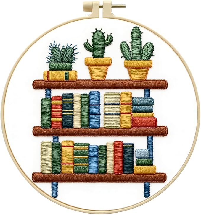 Zhenqing Book Lover Embroidery Kit for Beginners, Bookshelf & Cactus Needlework Craft with Pre-Printed Cotton Fabric, Hoop, Threads & Tools, Reading Nook Decor (C0072)