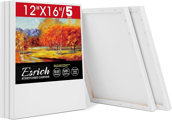 ESRICH 12x16 Stretched Canvas for Painting, 5 Pack Blank Canvases for Painting -5/8 in Profile Primed Cotton Painting Canvas for Oil & Acrylic Paint