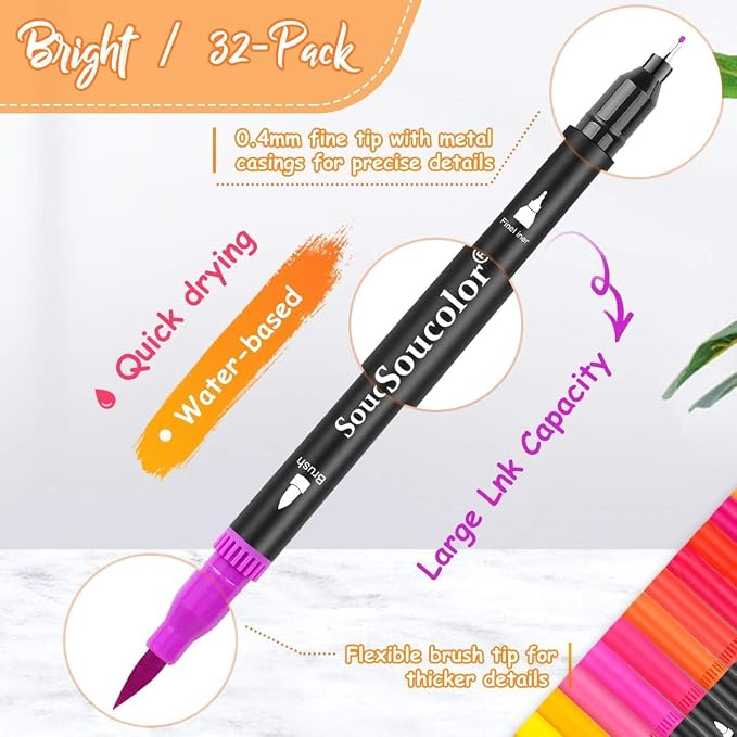Soucolor 24 Dual Tip Brush Markers,Water-Based Art Pens,for Coloring Books | 24 Vibrant Water-Based Colors,Brush + Fine Tip,Color-Coded,Plastic Case,Lettering,Coloring Books,Kids &Adults.