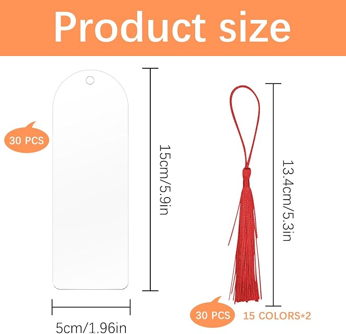 30 Pcs Clear Acrylic Bookmarks Blanks 6" x 2", Plastic Book Page Markers Transparent Semicircle Acrylic Bookmark Blank Bulk with 30 Pcs Book Mark Tassels for DIY Crafting Projects and Gift Tags