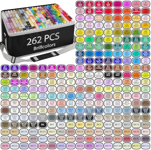 Brillcolors 262 Colors Alcohol Markers Set with Base Dual Tip Drawing Markers for Comics Coloring Sketching Illustration (262 White) -Refillable