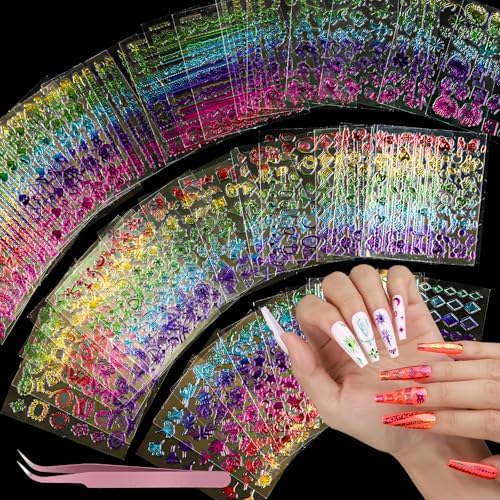 Teenitor 50 Sheets Nail Art Stickers, Rainbow Nail Stickers for Nail Art Nail Decals for Kids, Women, Fingernail in Halloween Christmas, Nail Supplies