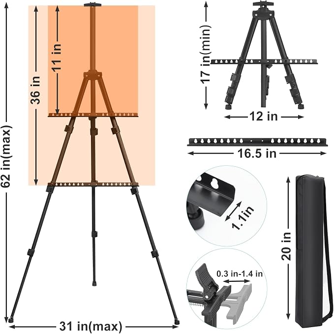 JEAWIWI 1 Pcs Adjustable Easel Stand, from 17 to 66 inches, Black | Poster Holder Stand, with Portable Bag, Travel Canvas Holder, Adjustable Height for Sign, Painting, Display