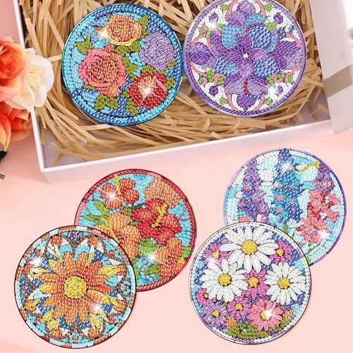 Meothan 8 Pcs Flowers Diamond Art Coasters Kit for Adults with Holder 4x4in