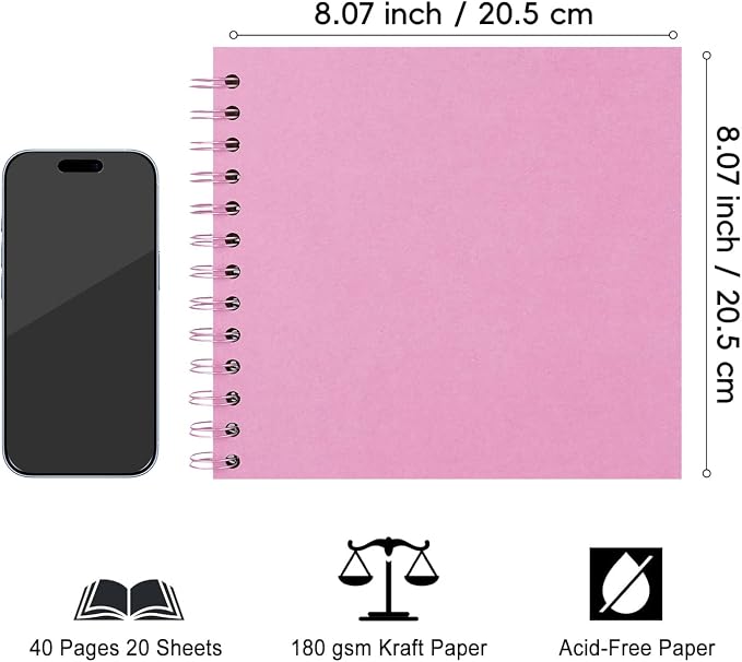 DIY Scrapbook Album 8x8 Inch, Hardcover Kraft Paper Scrap Book Photo Album, Blank Page Memory Scrap Book for DIY Crafts, Traveling, Wedding, Anniversary, Birthday, 40 Pages (20 Sheets), Pink